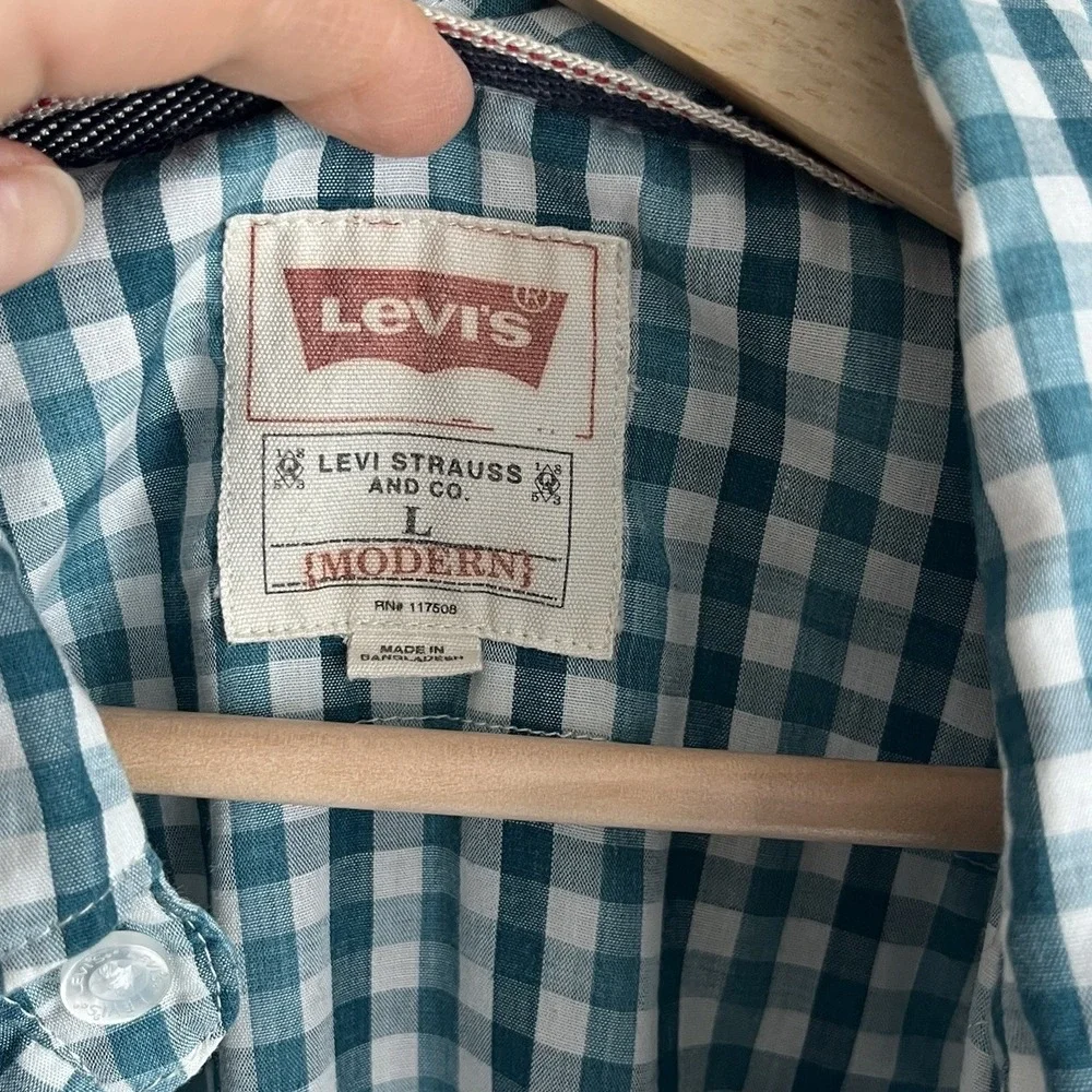 Levi's Men's Teal Gingham Plaid Check Pearl Snap Shirt Western Long Sleeve Large